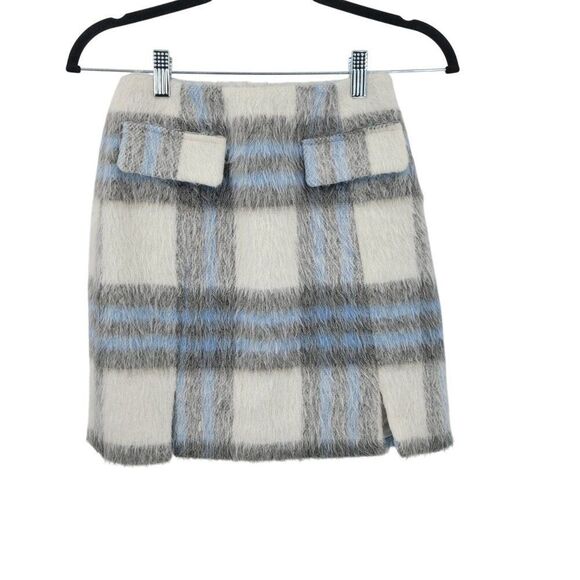 Versona Wool Blend Blue White Plaid Fuzzy Mini Skirt Sz 0 Old Money Soft Girl - Picture 1 of 9
